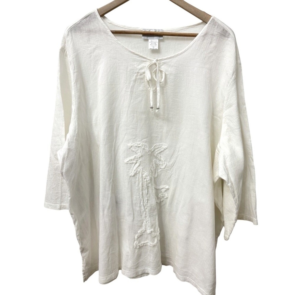 C.D. Daniels Blouse 3X White Cotton Gauze‎ Embroidered Palm Tree Tie Neck Tunic